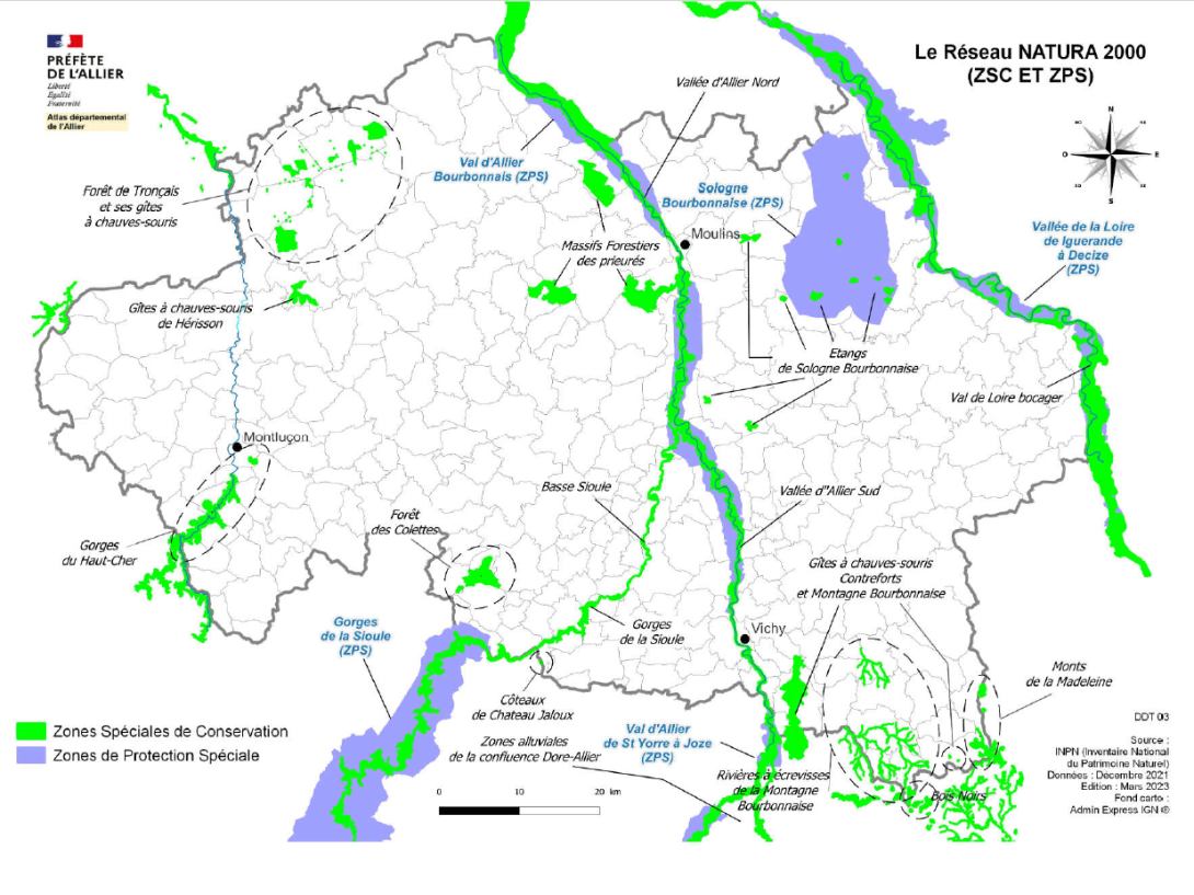 Carte des sites Natura 2000 de l'Allier (2023)